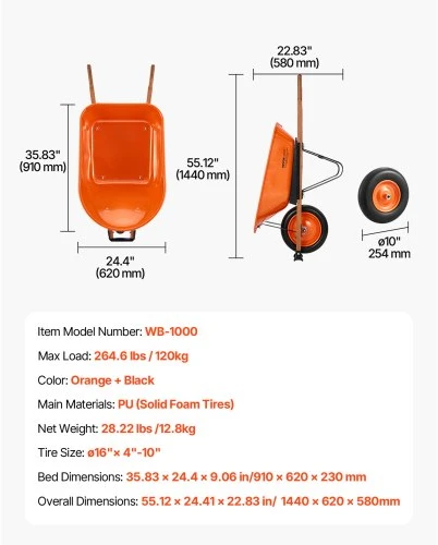 Koduva VEVOR vežimėlis WB-1000, oranžinis ir juodas, 120 kg, 5 cu. ft.