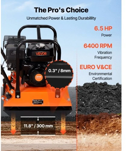 VEVOR Vibroplokštė, 6,5 AG 212CC benzininis variklis, 6400 VPM, 15 kN, 53 x 40 cm plokštė