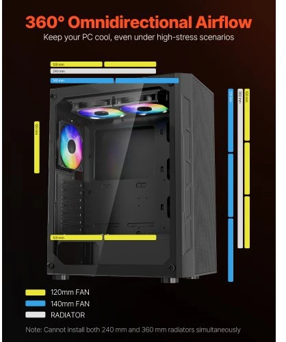 Koduva VEVOR vidutinio dydžio PC žaidimų korpusas, grūdinto stiklo panelė, 3 x 120 mm ARGB ventiliatoriai, iki 320 mm GPU