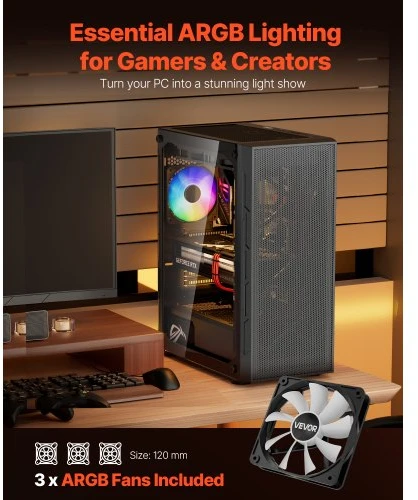 Koduva VEVOR vidutinio dydžio PC žaidimų korpusas, grūdinto stiklo panelė, 3 x 120 mm ARGB ventiliatoriai, iki 320 mm GPU