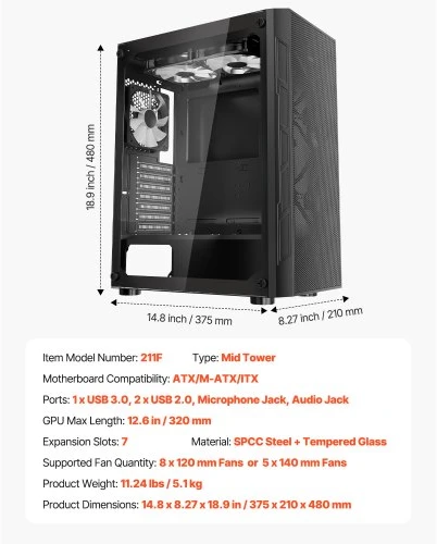 Koduva VEVOR vidutinio dydžio PC žaidimų korpusas, grūdinto stiklo panelė, 3 x 120 mm ARGB ventiliatoriai, iki 320 mm GPU