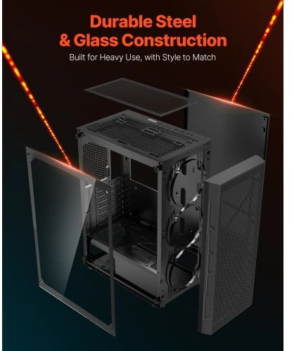 Koduva VEVOR vidutinio dydžio PC žaidimų korpusas, grūdinto stiklo panelė, 3 x 120 mm ARGB ventiliatoriai, iki 320 mm GPU
