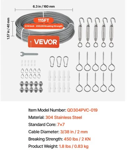VEVOR Vielinio lyno rinkinys, 35,1 m, 304 nerūdijantis plienas, 1,5 mm