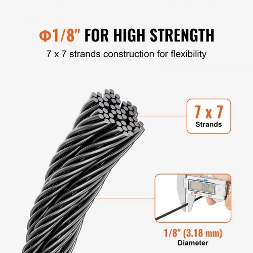 VEVOR Vielinis lynas, 1/8" 500 ft 316 nerūdijančio plieno rinkinys su pjaustytuvu ir pirštinėmis, 1600 lbs, juodas