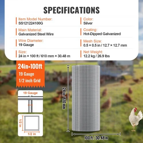 VEVOR Vielos tinklas, 1/2 colio, 24 in x 100 ft, 19 gauge, cinkuotas