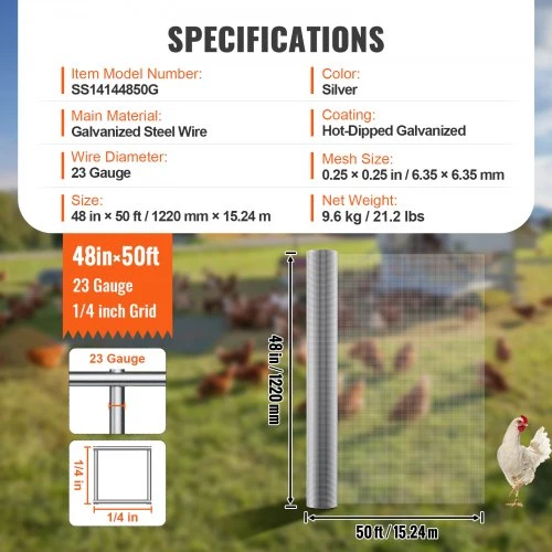 VEVOR Vielos tinklas 1/4 col. 48 col. x 50 ft, 23 gauge, karštai cinkuotas