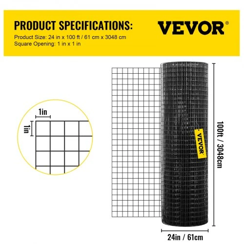 VEVOR Vielos tinklas 24" x 100', 1" x 1", cinkuotas plienas, 16 gauge, su pjaustymo replėmis ir audinio pirštinėmis