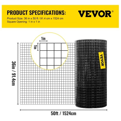 VEVOR Vielos tinklas, 36" x 50' su 1" x 1" tinkleliu, cinkuotas plienas, 16 gauge