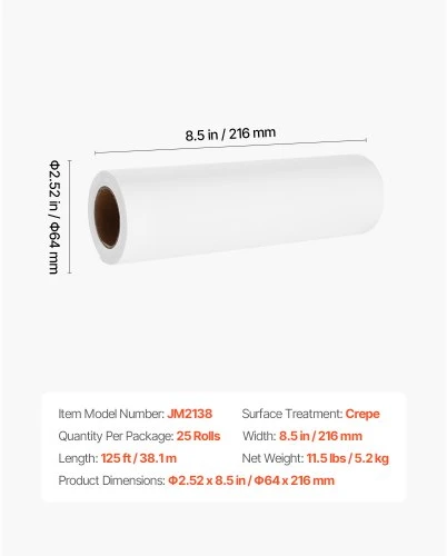 VEVOR Vienkartiniai galvos atramos popieriaus ritinėliai, 25 vnt., 8,5" x 125 ft, baltas