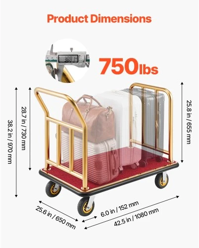 Koduva VEVOR viešbučio bagažo vežimėlis, 340,19 kg, nerūdijančio plieno, 152 mm guminiai ratai, raudona danga