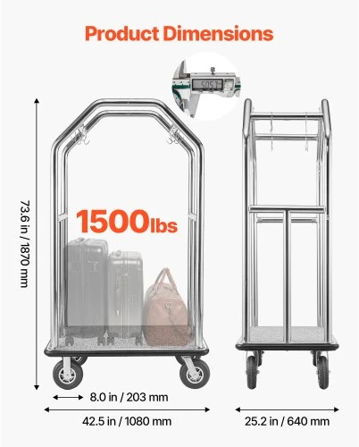 Koduva VEVOR viešbučio bagažo vežimėlis, 680,39 kg, nerūdijančio plieno rėmas, 203 mm guminiai ratai, sidabrinis