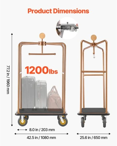 Koduva VEVOR viešbučio bagažo vežimėlis, 544,31 kg, nerūdijančio plieno, 203 mm ratukai, rožinio aukso