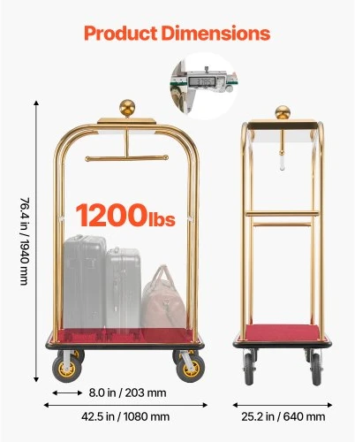 Koduva VEVOR viešbučio bagažo vežimėlis, 544,31 kg, nerūdijančio plieno rėmas, 203 mm guminiai ratai, auksinis