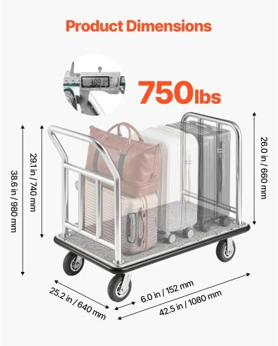 Koduva VEVOR viešbučio bagažo vežimėlis,19 kg, su nuimamu priekiniu rėmu, pilku kiliminiu paklotu ir 6 colių guminiais ratais