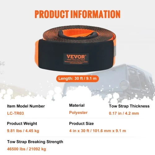 VEVOR Vilkimo diržas 4" x 30' / 10,2 cm x 9,1 m, 46 500 lbs / 21 099 kg, sustiprintos kilpos