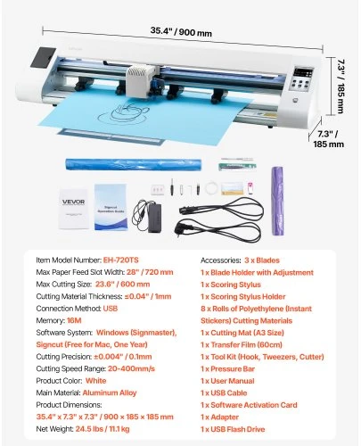 Koduva VEVOR vinilo pjaustymo mašina su automatinio krašto aptikimo funkcija, 2 peiliukai, USB