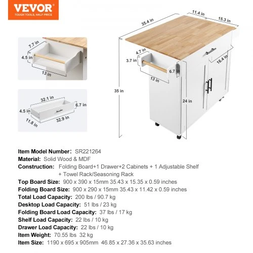 Koduva VEVOR virtuvės sala ant ratukų, balta, 119 cm