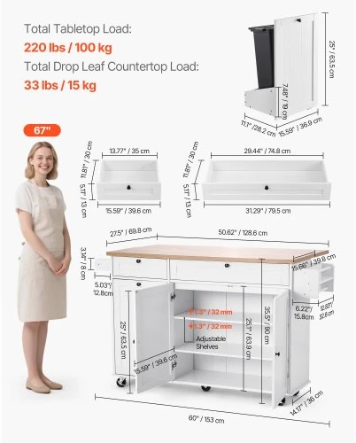 VEVOR Virtuvės sala su ratukais, 153 cm, MDF plokštė, YS252253ss