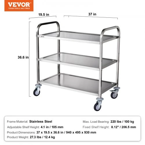 VEVOR Virtuvės vežimėlis, 3 aukštų, ant ratukų, 204,1kg keliamoji galia, plieno