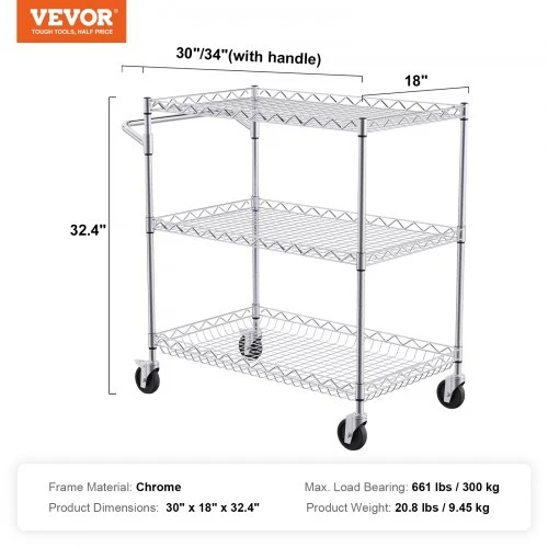 VEVOR Virtuvės vežimėlis, 3 lygių reguliuojama vielinė lentyna, plieno riedantis serviso staliukas su rankena, 76x46x91 cm