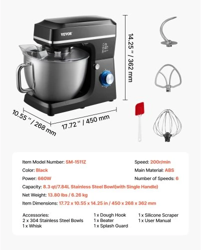 VEVOR Virtuvinis plaktuvas, 8,3 QT tešlos maišyklė, 1400 W, 6+P greičių, pakreipiama galvutė, juodas