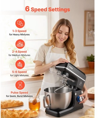 VEVOR Virtuvinis plaktuvas, 8,3 QT tešlos maišyklė, 1400 W, 6+P greičių, pakreipiama galvutė, juodas