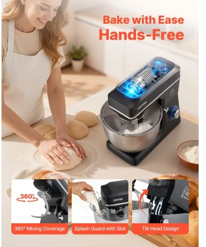 VEVOR Virtuvinis plaktuvas, 8,3 QT tešlos maišyklė, 1400 W, 6+P greičių, pakreipiama galvutė, juodas