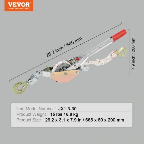 VEVOR Virvinis traukiklis, 3/4 t (750 kg), 30,48 m virvė, 2 kabliai