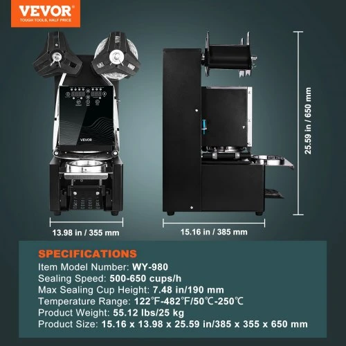 VEVOR Visiškai automatinė puodelių užlydymo mašina, 500–650 puodelių/val., juoda