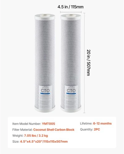 VEVOR Viso namo vandens filtro keitimo kasetė YMT005, CTO anglies blokas, 11 x 11 x 51 cm, 2 vnt.