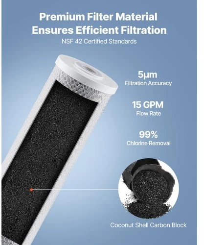 VEVOR Viso namo vandens filtro keitimo kasetė YMT005, CTO anglies blokas, 11 x 11 x 51 cm, 2 vnt.
