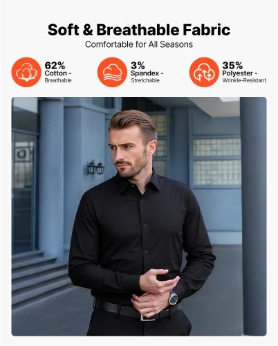 Koduva VEVOR vyriški marškiniai su sagomis, ilgos rankovės, juodi, slim fit