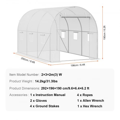 VEVOR Walk-in tunelinis šiltnamis 2,9 x 2 x 1,9 m, cinkuotas rėmas, PE danga, baltas