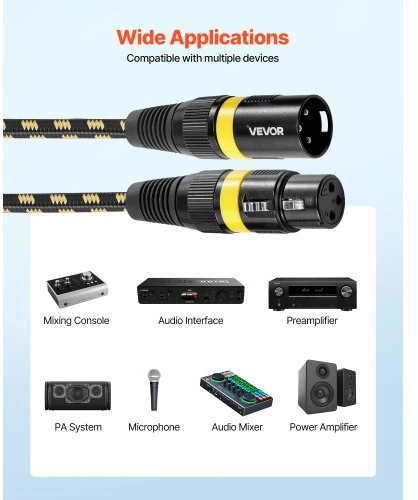 VEVOR XLR mikrofono kabelis, 7,62 m, 6 vnt., ekranuotas, subalansuotas, 3 kontaktų, Male–Female