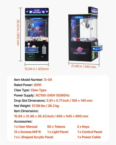 VEVOR Žaidimų automatas „Claw Crane Machine“ su šviesa ir garsu, reguliuojamos plieninės nagos, juoda ir violetinė