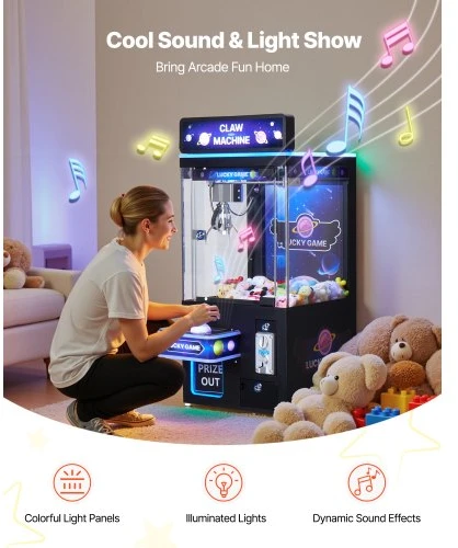 VEVOR Žaidimų automatas „Claw Crane Machine“ su šviesa ir garsu, reguliuojamos plieninės nagos, juoda ir violetinė