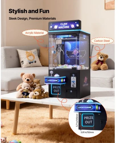 VEVOR Žaidimų automatas „Claw Crane Machine“ su šviesa ir garsu, reguliuojamos plieninės nagos, juoda ir violetinė