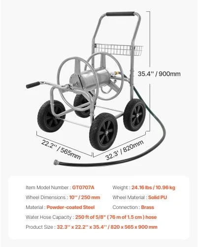 VEVOR Žarnos ritės vežimėlis, iki 250 ft 5/8’’ žarnai, su 4 ratukais ir laikymo krepšiu