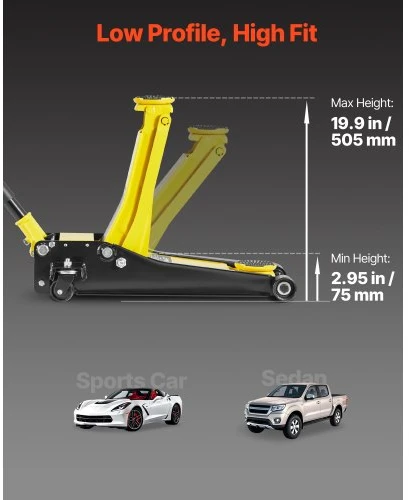 VEVOR Žemas automobilio domkratas, 2 t, plieno, su dvigubais stūmokliais, 75–505 mm