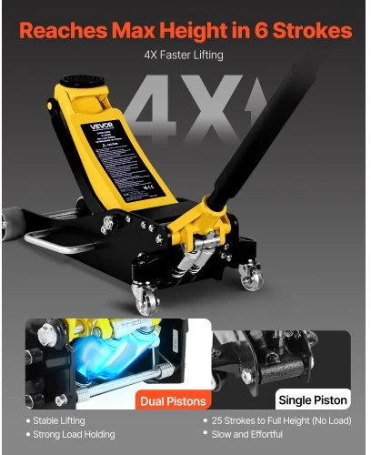 VEVOR Žemo profilio grindų domkratas, 2,5 t, aliuminio ir plieno, su dvigubais stūmokliais, 95–475 mm