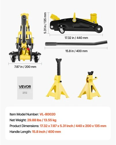 VEVOR Žemo profilio grindų domkratas, 2 t, plieno, su stovais, greito kėlimo siurblys, 130–310 mm
