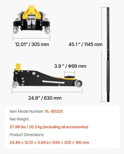 VEVOR Žemo profilio grindų domkratas, 2,5 t, aliuminio ir plieno, su dvigubais stūmokliais, 95–475 mm