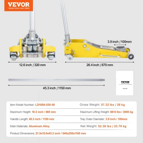 VEVOR Žemo profilio grindų domkratas 3 t, aliuminis, hidraulinis, 3.7"–18.3" (geltonas)