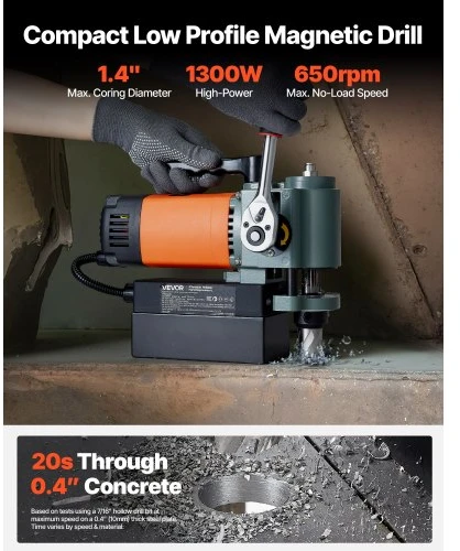 Koduva VEVOR žemo profilio magnetinis gręžimo stovas, 1300 W, 35 mm, 10000 N, 650 aps./min., 8840E