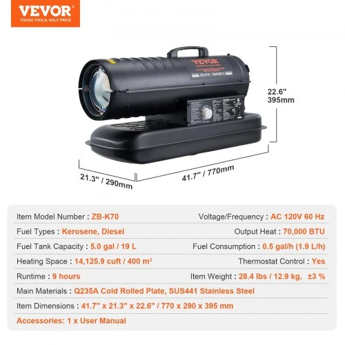 VEVOR Žibalo ir dyzelino šildytuvas DG-K70, 70 000 BTU, juodas