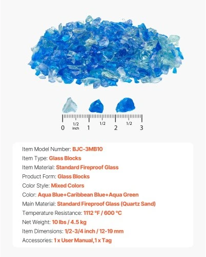 Koduva VEVOR židinų stiklas, 10 lbs / 4,5kg, 3/4 col. / 19,05 mm, aqua mėlynas + caribbean mėlynas + aqua žalias