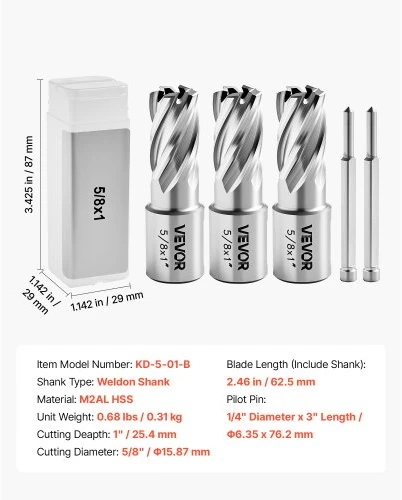 Koduva VEVOR žiedinių frezų rinkinys, 5 vnt., Weldon kotas, 25,4 mm pjovimo gylis, 15,87 mm skersmuo, HSS, plienui