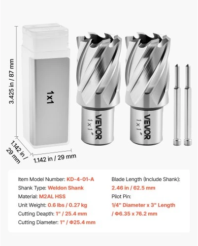 Koduva VEVOR žiedinių grąžtų rinkinys, 4 vnt., Weldon kotas, 25,4 mm pjovimo gylis, 25,4 mm pjovimo skersmuo, HSS, plienui