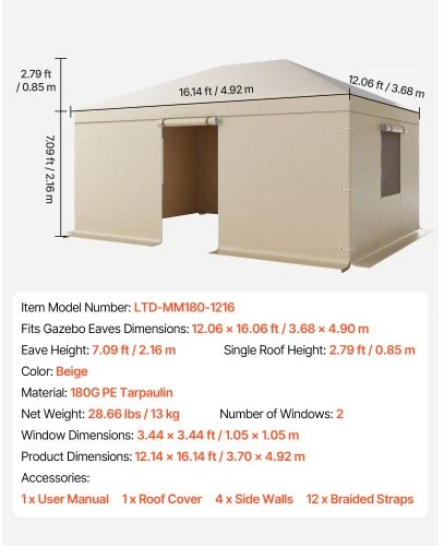 VEVOR Žiemos pavėsinės uždanga 3,68 x 4,9 m kietam stogui