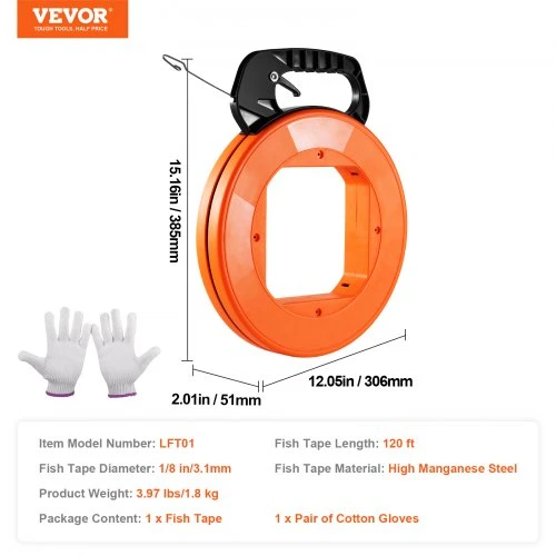 Koduva VEVOR žuvies juosta kabeliui ir laidui traukti, 36 m x 3,1 mm, plieninė, su tvirtu plastikiniu dėklu